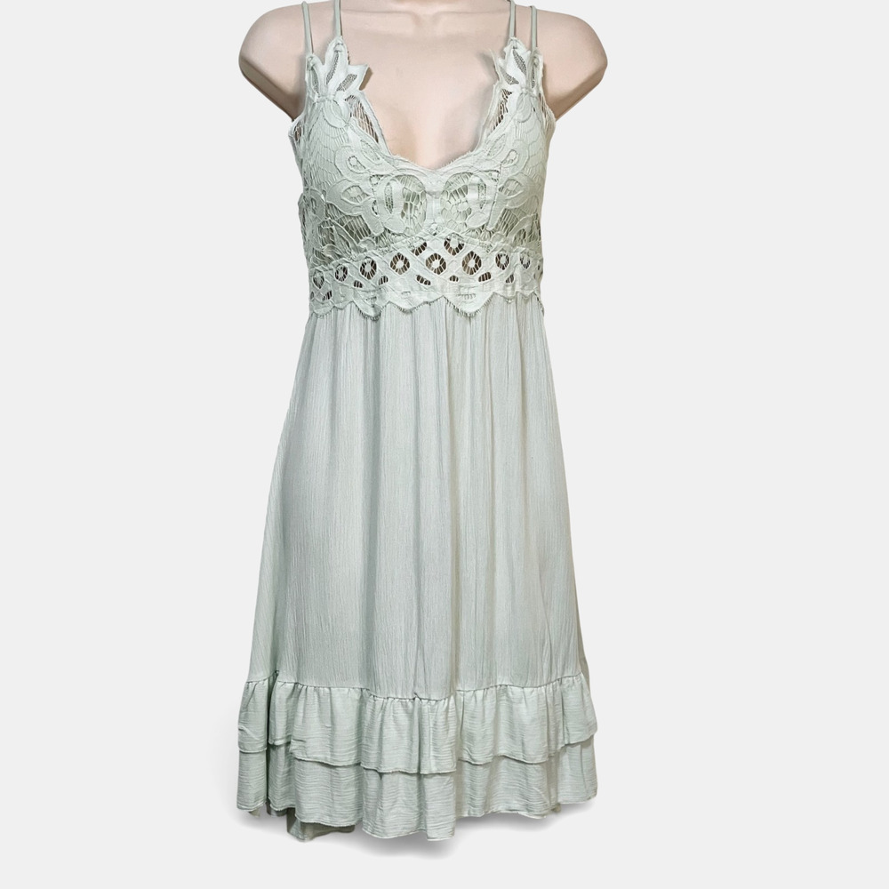 Justify Babydoll Dress M Sage Mint Lace Boho Cottagecore Fairy Tiered Romantic